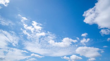 Panoramic view of clear blue sky and clouds, Blue sky background with tiny clouds. White fluffy clouds in the blue sky.