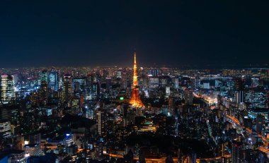  Tokyo şehir parkındaki turistik yerler, Asya iş konsepti imajı, Japonya 'daki panoramik modern şehir manzarası.  