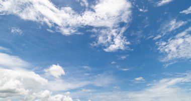 Açık mavi gökyüzü ve bulutların panoramik görüntüsü, küçük bulutlu mavi gökyüzü arkaplanı. Mavi gökyüzünde beyaz kabarık bulutlar. Gökyüzünün ve bulutların büyüleyici güzelliğini gösteren büyüleyici stok fotoğrafı..