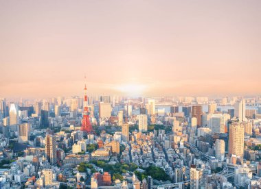 panoramic modern city skyline bird eye aerial view under sunrise and morning blue bright sky in Tokyo, Japan