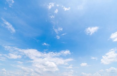 Açık mavi gökyüzü ve bulutların panoramik görüntüsü, küçük bulutlu mavi gökyüzü arkaplanı. Mavi gökyüzünde beyaz kabarık bulutlar. Gökyüzünün ve bulutların büyüleyici güzelliğini gösteren büyüleyici stok fotoğrafı..