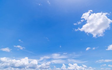 Açık mavi gökyüzü ve bulutların panoramik görüntüsü, küçük bulutlu mavi gökyüzü arkaplanı. Mavi gökyüzünde beyaz kabarık bulutlar. Gökyüzünün ve bulutların büyüleyici güzelliğini gösteren büyüleyici stok fotoğrafı..