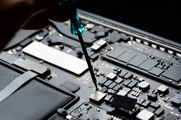close up of Technician repairing electronic circuit board, repairing deteriorated battery, upgrade and technology.