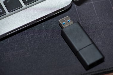 Elle USB bellek ekleme bilgisayarı bir dizüstü bilgisayara bağlandı. El bilgisayara takılı Hardware Cüzdanı yerleştirme.