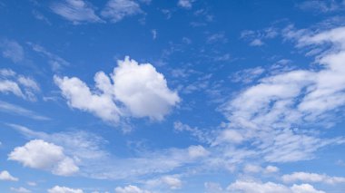 Açık mavi arkaplan, arka planda bulutlar, küçük bulutlu mavi gökyüzü arkaplanı. Mavi gökyüzünde beyaz kabarık bulutlar. 