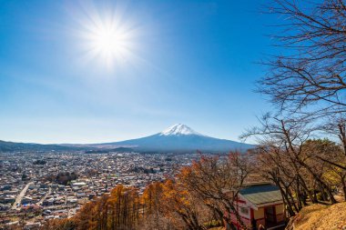Fuji Dağı, Japonya 'nın ikonik sembolü, sonbahar yaprakları mevsiminde, fevkalade güzel bir dönem. kawaguchiko, japan.
