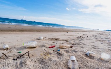 Kirli deniz kumlu kıyı, çevresel kirlilik, okyanustaki plastik su şişeleri kirliliği 