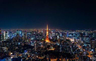 Tokyo şehir parkında panoramik, turistik eğlence, Asya iş konsepti imajı, Japonya 'da panoramik modern şehir manzarası.    