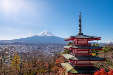 Fuji Dağı, Japonya 'nın ikonik sembolü, sonbahar yaprakları mevsiminde, fevkalade güzel bir dönem. kawaguchiko, japan.