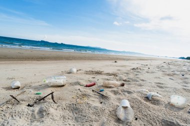 Kirli deniz kumlu kıyı, çevresel kirlilik, okyanustaki plastik su şişeleri kirliliği 