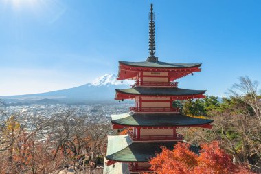 Fuji Dağı, Japonya 'nın ikonik sembolü, sonbahar yaprakları mevsiminde, fevkalade güzel bir dönem. kawaguchiko, japan.