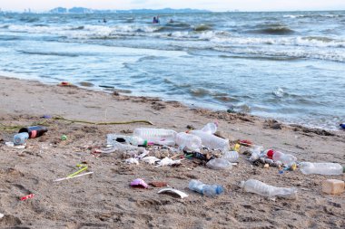 Kirli deniz kumlu kıyı, çevresel kirlilik, okyanustaki plastik su şişeleri kirliliği (Deniz enkazı)