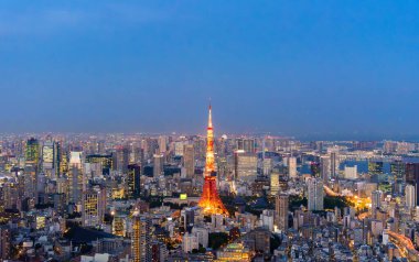 panoramic modern city skyline bird eye aerial view under sunrise and morning blue bright sky in Tokyo, Japan
