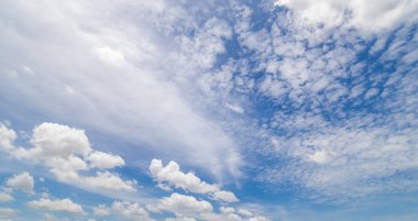 Açık mavi arkaplan, arka planda bulutlar, küçük bulutlu mavi gökyüzü arkaplanı. Mavi gökyüzünde beyaz kabarık bulutlar. 