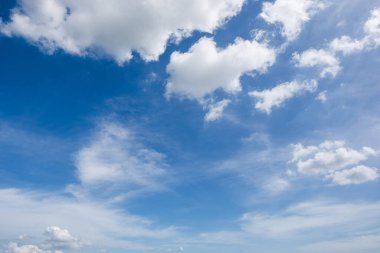 Açık mavi arkaplan, arka planda bulutlar, küçük bulutlu mavi gökyüzü arkaplanı. Mavi gökyüzünde beyaz kabarık bulutlar. 