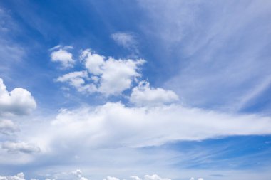 Açık mavi arkaplan, arka planda bulutlar, küçük bulutlu mavi gökyüzü arkaplanı. Mavi gökyüzünde beyaz kabarık bulutlar. 