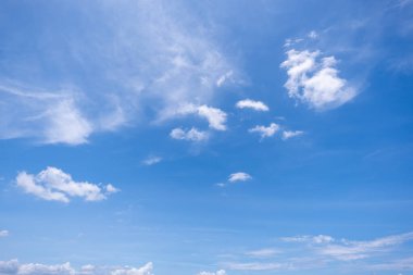 Açık mavi arkaplan, arka planda bulutlar, küçük bulutlu mavi gökyüzü arkaplanı. Mavi gökyüzünde beyaz kabarık bulutlar. 