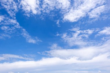 Açık mavi arkaplan, arka planda bulutlar, küçük bulutlu mavi gökyüzü arkaplanı. Mavi gökyüzünde beyaz kabarık bulutlar. 