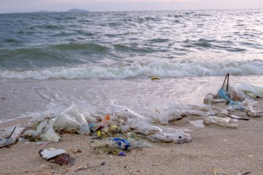 Kirli deniz kumlu kıyı, çevresel kirlilik, okyanustaki plastik su şişeleri kirliliği (Deniz enkazı)