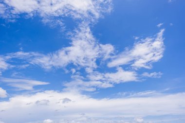 Açık mavi arkaplan, arka planda bulutlar, küçük bulutlu mavi gökyüzü arkaplanı. Mavi gökyüzünde beyaz kabarık bulutlar. Gökyüzünün ve bulutların büyüleyici güzelliğini gösteren büyüleyici stok fotoğrafı..