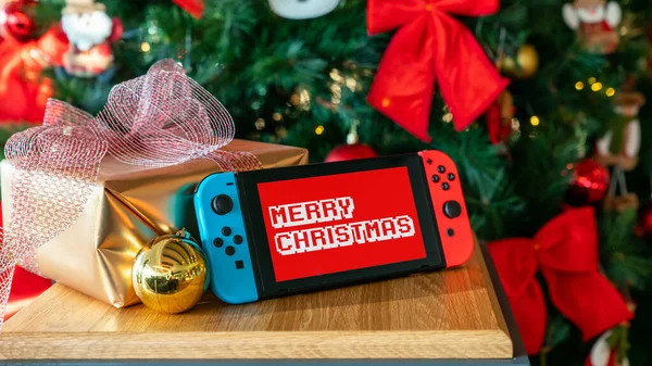 Istanbul Türkei Dezember 2022 Nintendo Switch Mit Froher Weihnachtsbotschaft Und — Stockfoto