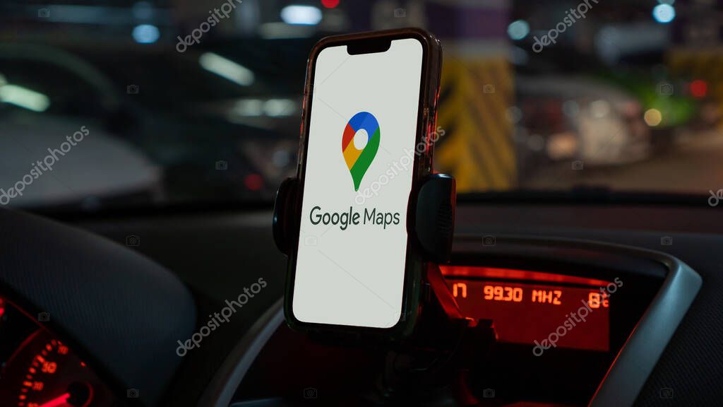 Istanbul, Turkey - February 5, 2024: Google Maps on a smartphone screen in a car. A navigation service by Google for smartphones and computers