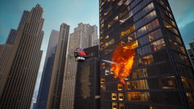 Yangını söndürmek için köpük püskürten otonom sürücüsüz hava aracı, akıllı 5G teknolojili itfaiye aracı konsepti, 3D