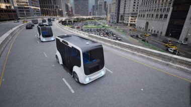 Sokakta kendi kendine giden otonom elektrikli otobüs, akıllı araç teknolojisi konsepti, 3D render