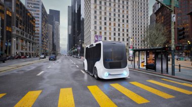 Sokakta kendi kendine giden otonom elektrikli otobüs, akıllı araç teknolojisi konsepti, 3D render