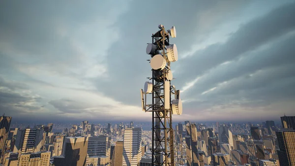 Torre Telecomunicaciones Con Antena Red Celular Fondo Ciudad Renderizado — Foto de Stock