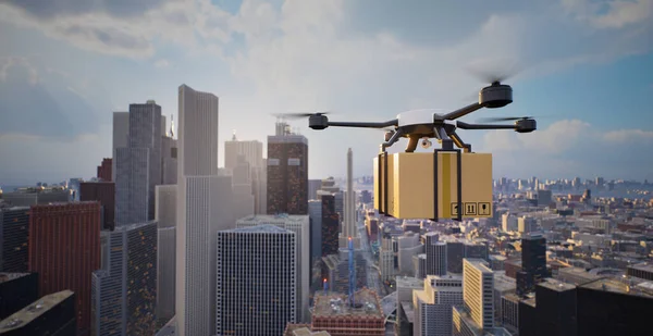 Autonomous cargo drone flying on big city, 3d render