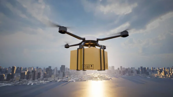 Autonomous cargo drone flying on big city, 3d render