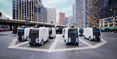 Otomatik dağıtım robotu otoparkta beklemede, akıllı lojistik teknolojisi konsepti, 3D görüntüleme