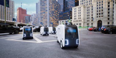 Otomatik dağıtım robotu otoparkta beklemede, akıllı lojistik teknolojisi konsepti, 3D görüntüleme