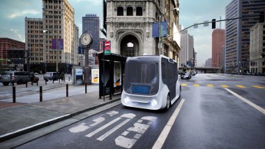Sokakta kendi kendine giden otonom elektrikli otobüs, akıllı araç teknolojisi konsepti, 3D render