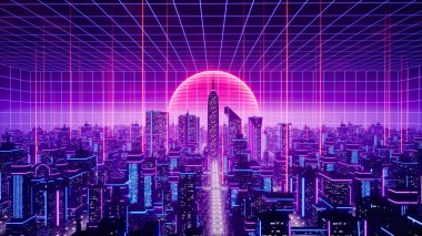 Metaverse şehri ve siber punk konsepti. 3d hazırlayıcı