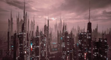 Fütürist siber punk şehir ve metaevren konsepti, 3D canlandırma