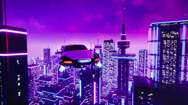 Futuristinen Kuljetusajoneuvo Metaverse Cityn Kanssa Renderointi — kuvapankkivalokuva