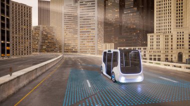 Sokakta kendi kendine giden otonom elektrikli otobüs, akıllı araç teknolojisi konsepti, 3D render