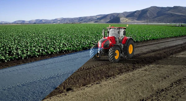 Autonomous tractor working in lettuce field, Future 5G technology with smart agriculture farming concept, 3drender