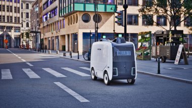 Otomatik dağıtım robotu caddede sürücüsüz, akıllı araç teknolojisi konsepti, 3D görüntüleme