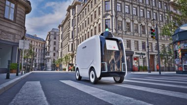 Otomatik dağıtım robotu caddede sürücüsüz, akıllı araç teknolojisi konsepti, 3D görüntüleme