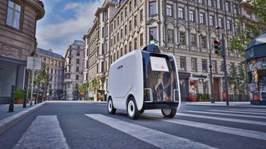 Autonomous delivery robot driverless on street, Smart vehicle technology concept, 3d render clipart