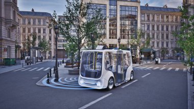 Sokakta kendi kendine giden otonom elektrikli otobüs, akıllı araç teknolojisi konsepti, 3D render