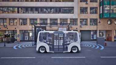 Sokakta kendi kendine giden otonom elektrikli otobüs, akıllı araç teknolojisi konsepti, 3D render