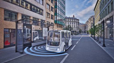 Sokakta kendi kendine giden otonom elektrikli otobüs, akıllı araç teknolojisi konsepti, 3D render
