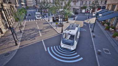 Sokakta kendi kendine giden otonom elektrikli otobüs, akıllı araç teknolojisi konsepti, 3D render