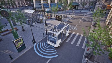 Sokakta kendi kendine giden otonom elektrikli otobüs, akıllı araç teknolojisi konsepti, 3D render