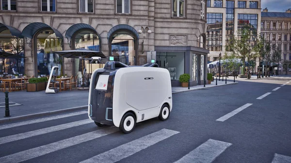 stock image Autonomous delivery robot driverless on street, Smart vehicle technology concept, 3d render