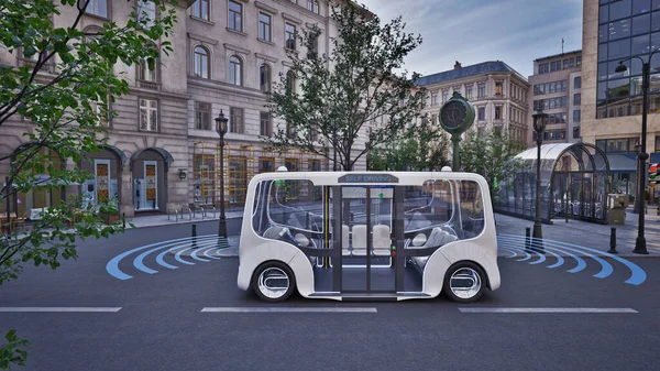 stock image Autonomous electric bus self driving on street, Smart vehicle technology concept, 3d render